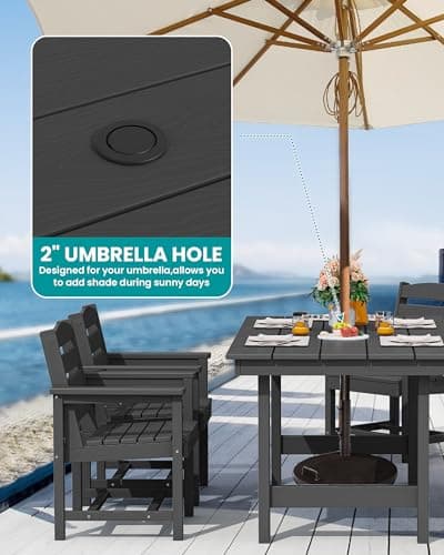SERWALL 8-Pc HDPE Dining Set, 1 Table, 1 Umbrella & 6 Chairs, Black