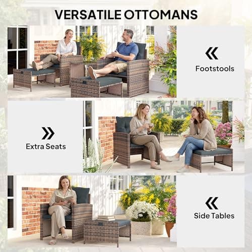 Outsunny 5 Piece Patio Furniture Set, Wicker Patio Chairs with Ottomans, 2-Tier Glass Coffee Table, Cushions, Outdoor Furniture Conversation Set for Balcony, Brown/Dark Grey — view 3