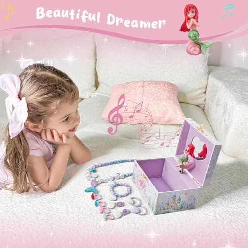 ProCase Mermaid Jewelry Box for Girls, Kids Musical Jewelry Boxes with Spinning Mermaid Doll, Birthday Gifts for Little Girls Children Toddler Ages 3 4 5 6 7 8 -Mermaid (Box with Jewelry) — view 4