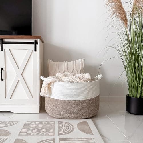 INDRESSME XXXLarge Cotton Rope Basket 21.7" x 21.7" x 13.8" Woven Laundry Basket for Blankets, Storage Basket with Handle Comforter Cushions Storage Bins Thread Laundry Hamper — view 4