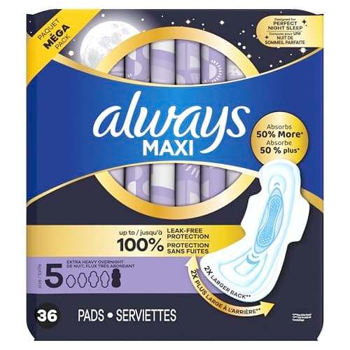 Always Maxi Pads for Women, Extra Heavy Overnight Pad with Wings, Size 5, Unscented, 36 Count