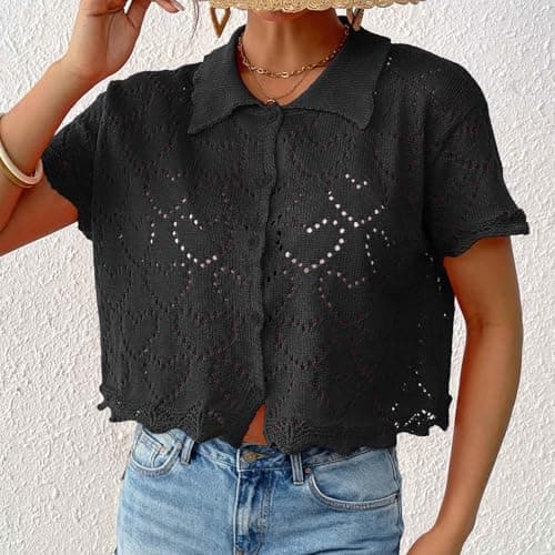 Women Crochet Knit Short Sleeve Tops Summer Lightweight Button Sweater Hollow Out Knitted Cropped Shirts(Black,Medium) — view 4