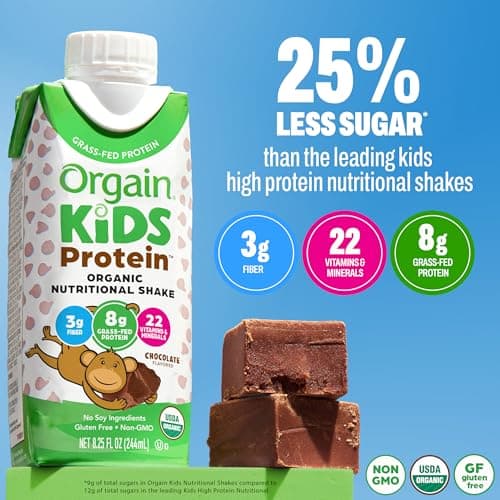 Orgain Organic Kids Nutritional Dairy Protein Shakes, Chocolate, Healthy Kids Snacks, 8g Grass-Fed Protein, 3g Fiber, 22 Vitamins & Minerals, No Soy Ingredients, Non-GMO, 8.25 Fl Oz, Pack of 12 — view 3