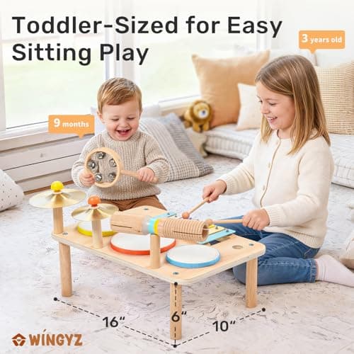 WINGYZ Kids Drum Set, 9-in-1 Wooden Musical Instruments with Xylophone