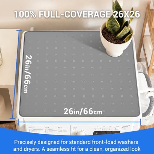 WZGUSXN 26x26 Full-Coverage Washer Dryer Mat, Spill-Proof Raised Edge Silicone Topper, Anti-Slip Vibration Dampening Pad for Front Load Laundry Room (2 Pack) Grey