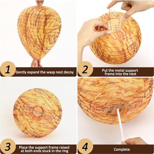 DECYOOL 4 Pack Paper Wasp Nest Decoy Hanging Wasp Nest Stay Away from Wasps Hornets Yellow Jackets(Orange) — view 2