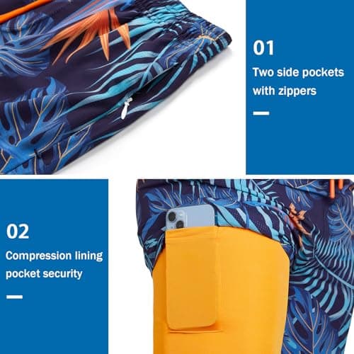 ELETOP Mens Swim Trunks with Compression Liner 5.5" Swim Shorts 2 in 1 Quick Dry Beach Shorts with Zipper Pockets Blue Yellow Palm Leaf M — view 2