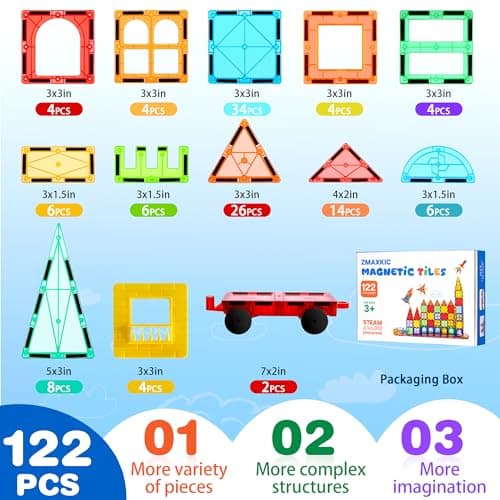 Magnetic Tiles, 122PCS Magnetic Building Blocks with 2 Cars, Large Magnet Building Set,STEM Sensory Educational Toys Gift for Toddlers Kids Boys Girls. — view 3