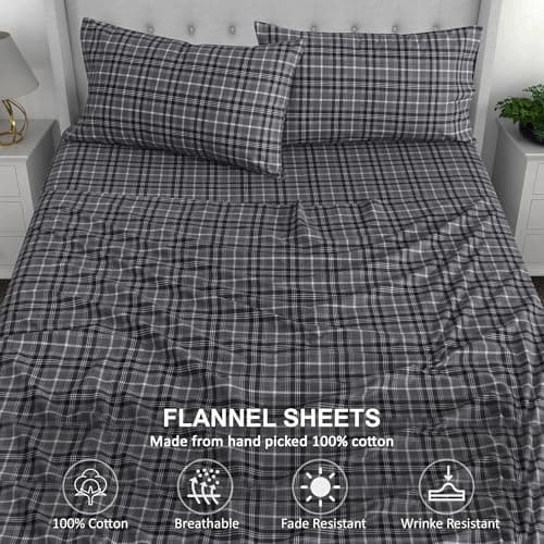 RUVANTI Flannel Sheets Queen Size - 100% Cotton Double Brushed Bed Sheets, Deep Pockets 16 Inches Queen Sheet Set, All Seasons Breathable & Extra Soft - Warm & Cozy, 4 Piece, Grey Plaid — view 3
