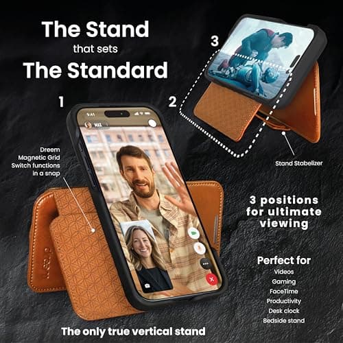 Dreem Real Leather Wallet Case for iPhone 17 Pro Max, Revolutionary Vert/Hor Phone Stand, Magnetic Detachable Flip Cover RFID Blocking Card Holder, MagSafe-Fit, Gift Box [Fibonacci: Caramel] — view 2