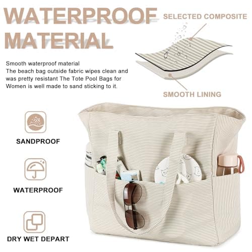 Waterproof Beach Tote Pool Bags for Women Ladies Extra Large Gym Tote Carry On Bag With Wet Compartment for Weekender Travel, S Khaki Stripes, X-Large, E2032 — view 3