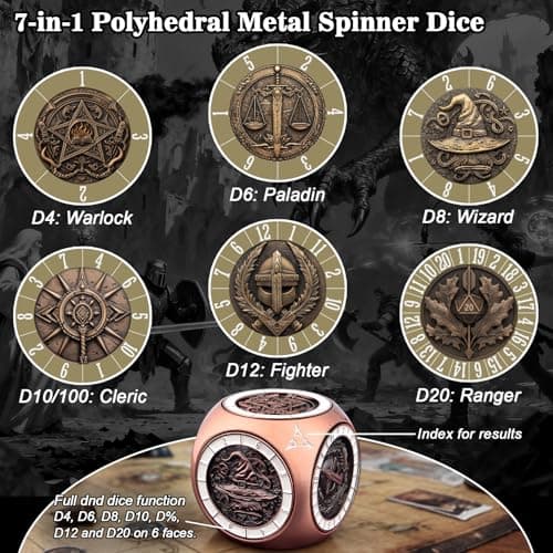 PJOY 7 in 1 DND Spinner Dice Set Metal Cube Spinner Dice for Dungeons and Dragons Gifts Ideas for Gamers Role Playing Game Accessories Cool DND Gifts Desk Gadgets for DM Dungeon Masters Players