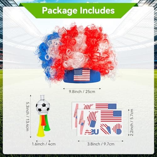 HWQVA 2026 Soccer Fan Gear Set – USA Flag Temporary Tattoos, Fun Wigs, and Loud Horns – Fan Gear for Soccer Matches, Sports Events, and Team Celebrations