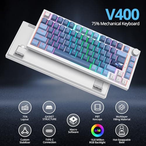 SbocKeeb 75 Percent Keyboard Gasket-Mounted with Sound Absorbing Pads, 82-Key Compact Wired RGB Mechanical Gaming Keyboard Hot-Swap Socket for Mac/Win, Fog Blue — view 3
