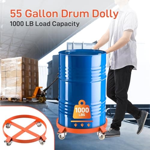 GarveeTech 55 Gallon Drum Dolly, 1000 lb Capacity Heavy Duty Barrel Cart with 4 Swivel Casters (2 Locking), Steel Frame Drum Hand Truck, 1 Pack, Orange — view 2
