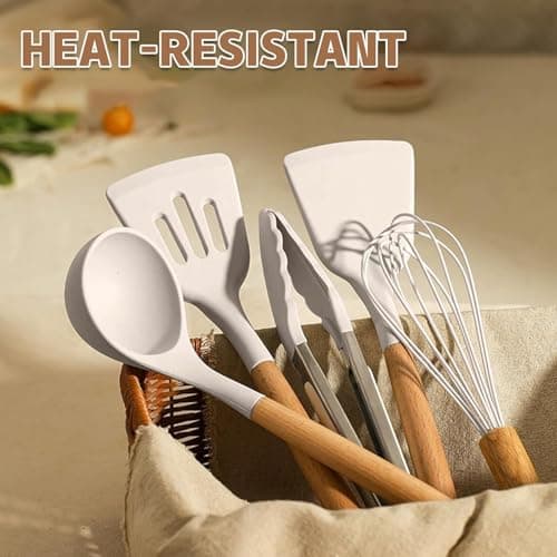 Umite Chef Kitchen Cooking Utensils Set, 33 pcs Non-Stick Silicone Cooking Kitchen Utensils Spatula Set with Holder, Wooden Handle Silicone Kitchen Gadgets Utensil Set (Khaki) — view 5