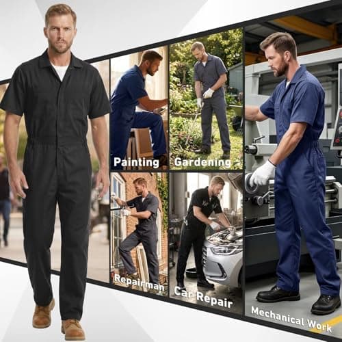 Coveralls for Men Short Sleeve, Cotton Blend Zipper Mechanic Jumpsuit Work with Multi Pockets Utilityl Uniform Fit — view 5