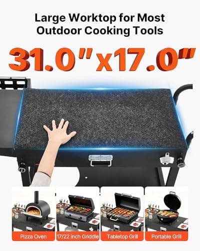VEVOR Outdoor Grill Cart, 31.0 x 17.0 inch Tabletop Size Grilling Table, Foldable Outdoor Cooking Table with Tissue Holder, Hooks, Wheels, Side Table, BBQ Prep Tables for Picnic, Kitchen, Courtyard — view 3