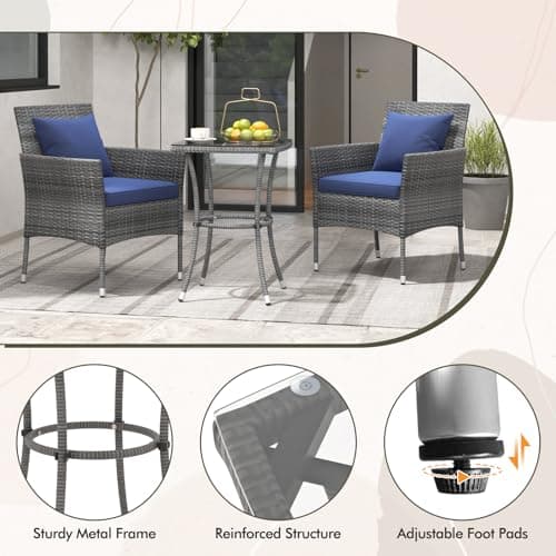 DORTALA Wicker Patio Furniture Set 3 Piece, Small Outdoor Table & Chairs with Tempered Glass Tabletop, Cushions, Rattan Conversation Bistro Set for Balcony, Porch, Backyard, Deck, Mix Gray+Navy — view 4