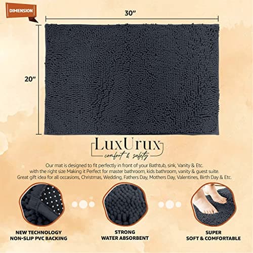 LuxUrux Bath Mat-Extra-Soft Plush Bath Shower Bathroom Rug,1'' Chenille Microfiber Material, Super Absorbent Shaggy Bath Rug. Machine Wash & Dry (20 x 30, Charcoal)