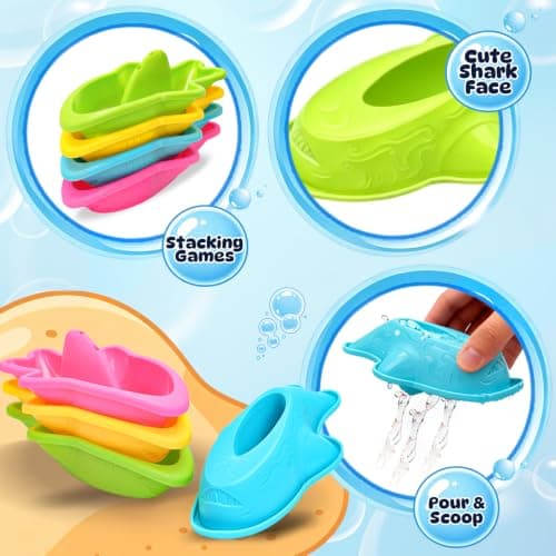 Baby Mold Free Bath Toys for Kids Ages 1-3, 10 PCS Toddler Bathtub Pool Sand Beach Toys with Whale Spoon Watering Can Stacking Cups Floating Boats for Baby Toddler Water Table Games, Girls Boys Gifts — view 3