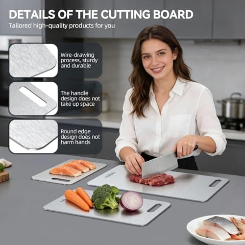 100% Pure Titanium Cutting Board Set of 3, Reversible Dual Side Hygienic Kitchen Cutting Board, Odor Resistant Stain Proof Metal Board with Handle Cutout, Dishwasher Friendly — view 2