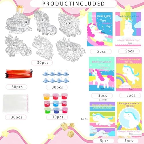 Ayhuhra 30 Sets Valentines Day Cards with Unicorn Paint Set-Unicorn Suncatchers Craft Kits DIY Window Paint Art for Valentine's Day Art Craft Gift Exchange — view 3
