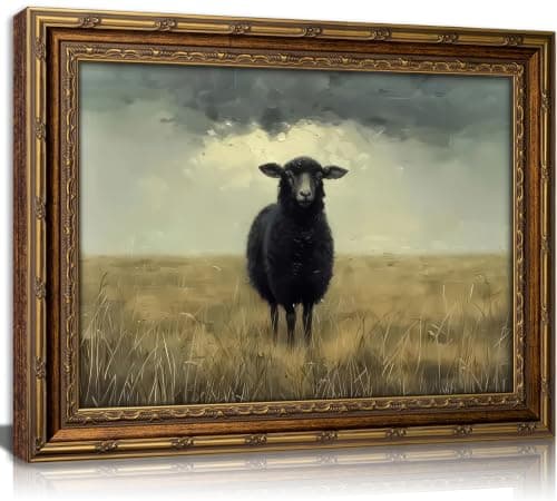 Vintage Gold Framed Moody Black Sheep Wall Art Countryside Landscape Painting Canvas Dark Academia Animal Picture Wall Decor Farmhouse Cottage Print Artwork For Living Room Bedroom Home Decoration