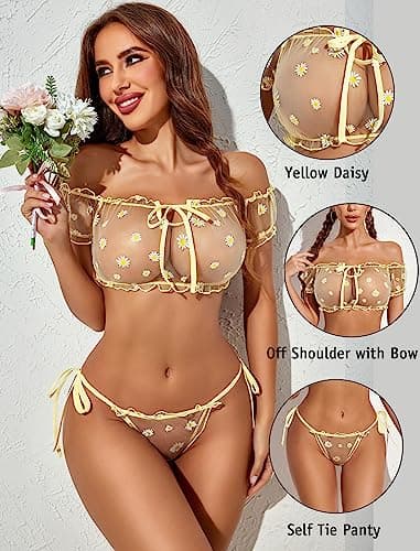 Avidlove Bra and Panty Set Ruffle Lingerie Set Mesh Babydoll Chemise (Yellow Daisy X-Large)