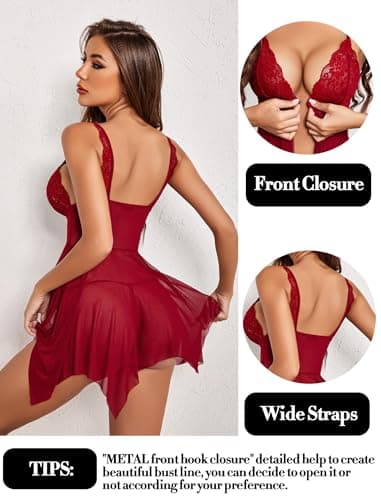 Avidlove Lingerie for Women Lace Babydoll Strap Chemise Open Front Nightwear Sexy Sleepwear V Neck Nightgown Boudior Nighty