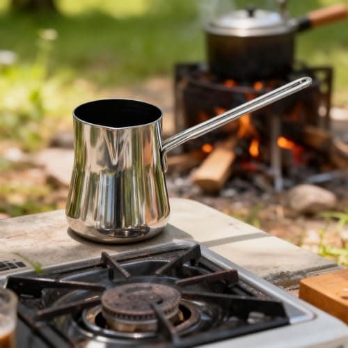 Texvora Stainless Steel Turkish Coffee Pot, Versatile 15.2 fl oz / 450 ml Cezve with Wide Mouth and Long Handle, Compact Arabic Coffee Pot for Home and Outdoor Use, Easy to Clean, Silver Finish — view 3