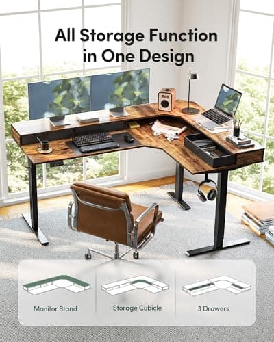 FEZIBO L Shaped Electric Standing Desk, 63x48 inch Large with Drawers | Reversible Tabletop, 2 Memory Height Settings | Home Office & Gaming Height-Adjustable Table, Rustic Brown（2 Packages） — view 3