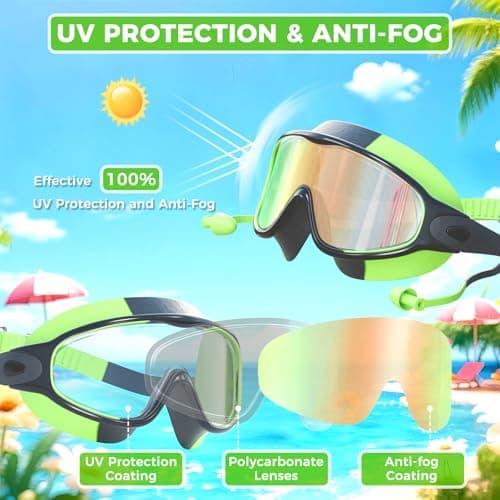 CMBJJU 3 Pack Swimming Goggles, Kid Goggles with Earplugs Large Frame Anti-Fog/UV Wide View Swim Goggles Boys Girls 6-14 (3PACK-Purple+Colorful Blue+Green-SG09) — view 2