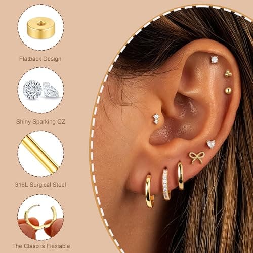 M MOOHAM Hypoallergenic Flat Back Earring Stack for Women Teen Girls, 14K Gold Plated Small Huggie Hoop Earrings Trendy Dainty Gold Cartilage Stud Earring Stacks Set Jewelry Gifts for Women Girls — view 4