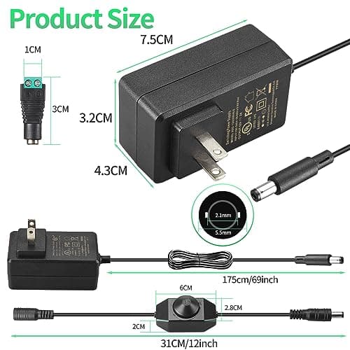 12V 2A Power Supply Class 2 UL Listed with LED Dimmer Switch,24W 100-240V AC/DC 12Volt 2Amp 1.5A 1A Adapter Power Supply with 5.5mm x 2.1 DC Jack Connector for LED Strip Light & Other Device — view 5