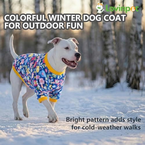 LovinPet Large Dog Winter Flannel Coat, Warm Dog Coat with Front Sleeves and Back Zipper, Easy-Care Full-Coverage Layer for Cold Weather, Happy Packed Floral Blue Prints, XXL — view 5