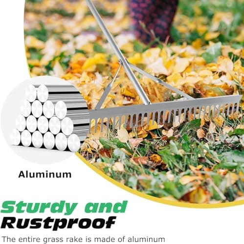 Lilistar Garden Rake, 36" Head Aluminum Landscape Lake Weed Rake with Adjustable 67.3" Handle, for Leaves and Leveling, Loosening Soil, Lawn Care, Various Gardening Tasks