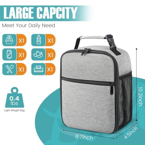 Lunch Bag for Men/Women, Reusable Lunchbox for Adult, Small Insulated Lunch box, Lunch Tote Bag for Office, Work, Picnic - Grey
