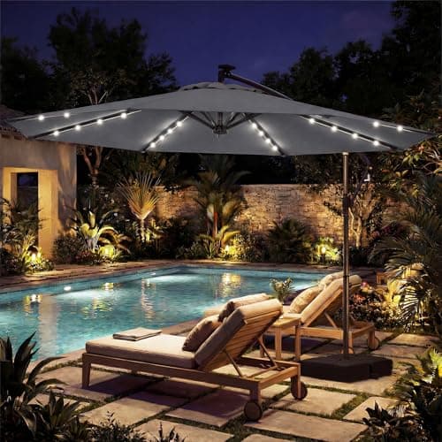 Tangkula 10ft Solar Patio Umbrella with Base Included, Offset Cantilever Outdoor Umbrella with 32 LED Lights, 360 Degree Rotation, Crank Handle for Pool Deck Garden Backyard (Gray) — view 8