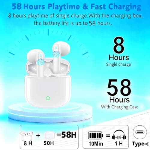 Wireless Earbuds, Bluetooth 5.4 HiFi Stereo,Wireless Earphones with 4 ENC Noise Cancelling Mics,58H Playtime Bluetooth Earbuds,Touch Control Ear Buds,IP7 Waterproof Wireless Headphones for Android/iOS — view 3