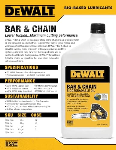 DEWALT – Biodegradable Bar & Chain Oil – Green, Eco-Friendly, Non-Toxic Professional Bar & Chainsaw Lubricant – Ultraclean All-Season Oil for Gas, Electric Saw, and Pole Saw, 16 oz