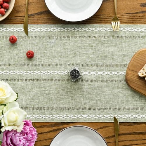 Artoid Mode Sage Green Rustic Cotton Linen Table Runner, Seasonal Embroidered Hollow Kitchen Dining Table Decoration for Home Party Decor 13x72 Inch