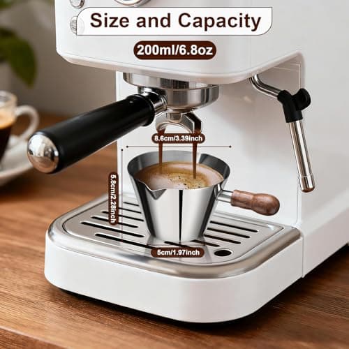 Amrules Espresso Cup, 6.8 oz/200 ml Stainless Steel Coffee Shot Measuring Cup with Wood Handle, Double V-Shaped Mouth and Clear Scale for Cappuccino Barista Coffee Bar Accessories, Silver