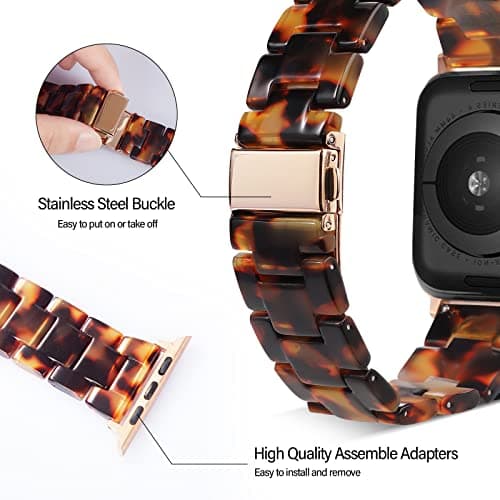 HOPO Compatible With Apple Watch Band 38mm 40mm 42mm 44mm Thin Light Resin Strap Bracelet With Stainless Steel Buckle Replacement For iWatch Series Ultra 9 8 7 6 5 4 3 2 1 SE(Tortoiseshell/Rose — view 3