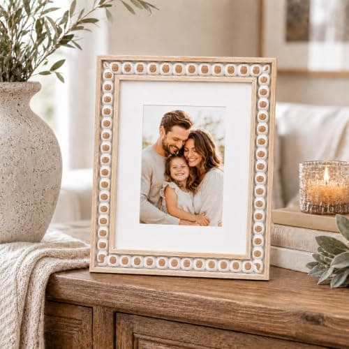QOTIB Solid Wood 8.5x11 Picture Frame Beaded Frame with 6x8 Mat, Rustic Vintage 8.5 by 11 Photo Frame Matted with Plexiglass for Tabletop or Wall Display, Rustic White