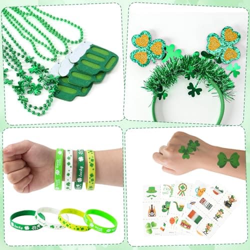 Yunfan 29Pack St Patricks Day Accessories St Patricks Day Decorations Green Shamrock Clover Necklaces Headbands Bracelets Tattoo Stickers for Leprechaun Costume Accessories Irish Party Supplies — view 4
