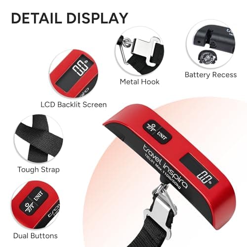 travel inspira Luggage Scale, Portable Digital Hanging Baggage Scale for Travel, Suitcase Weight Scale with Rubber Paint, 110 Pounds, Battery Included RED — view 8