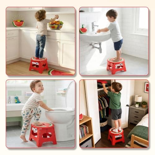 ACSTEP 9 Inch Folding Step Stool for Kids, Sturdy Collapsible Step Stool Foldable Up to 300 lbs for Toddlers, Non Slip Foot Stools with Handle for Kitchen, Bathroom, Bedroom, Outdoor, Watermelon Red