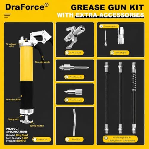 Draforce Grease Gun Kit, Yellow 10-Piece Grease Gun Kit, 8000 PSI Pistol Grip Manual Grease Gun, 400cc / 14 oz Heavy Duty Lubrication Tool for Tractor, Farm Equipment, Trailer, Automotive