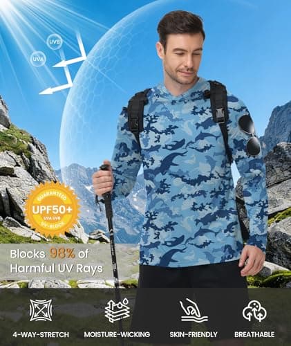 ZITY Men's Sun Protection Printd Shirts Long Sleeve Rash Guard Hoodie UV UPF 50+ Fishing Running Athletic Sweatshirts Blue Sea XL